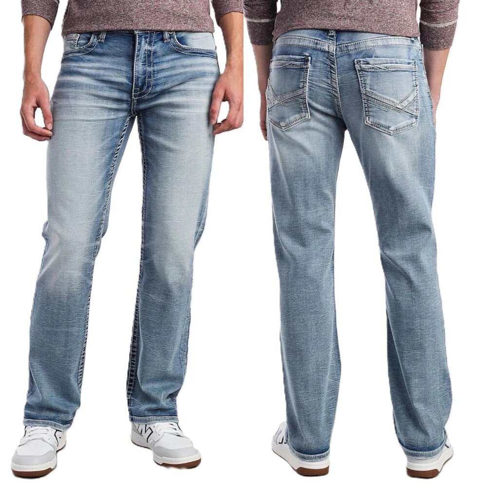 Men's BKE Buckle BOOTLEG Stretch Jeans Distressed Castle Blue Denim 34 L